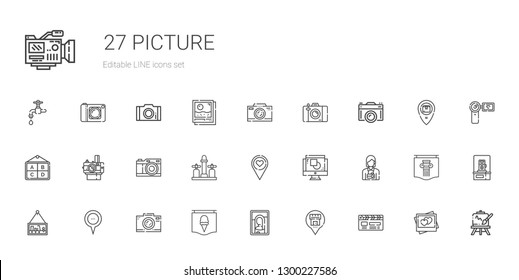 picture icons set. Collection of picture with clapperboard, placeholder, poster, photo camera, photographer, graphic design, faucet, camera. Editable and scalable picture icons.