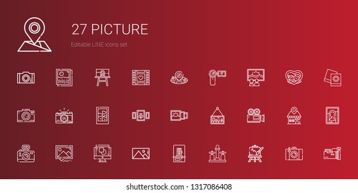 picture icons set. Collection of picture with easel, faucet, photo camera, graphic design, camera, video camera, canvas, camcorder, placeholder. Editable and scalable picture icons.