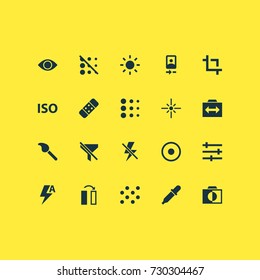 Picture Icons Set. Collection Of Round, Center Focus, Setting And Other Elements. Also Includes Symbols Such As Light, Dartboard, Circle.