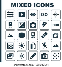 Picture Icons Set. Collection Of Shine, Thunder, Monitor And Other Elements. Also Includes Symbols Such As Apparatus, Tune, Landscape.