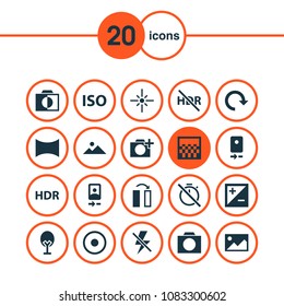 Picture icons set with hdr, smartphone, adjust and other no timer elements. Isolated vector illustration picture icons.