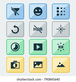 Picture icons set with no filter, picture, brightness and other accelerated elements. Isolated vector illustration picture icons.