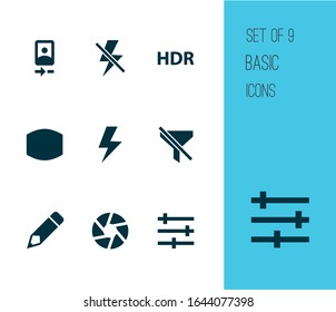 Picture icons set with tune, shutter, camera front and other no filter elements. Isolated vector illustration picture icons.