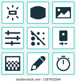 Picture icons set with wide angle, wb sunny, gradient and other monitor elements. Isolated vector illustration picture icons.