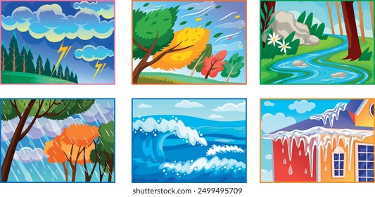 The picture illustrates different weather conditions. There are thunderstorms, strong winds blowing through trees, a flowing river, heavy rain with falling leaves, ocean waves, and icicles hanging fro