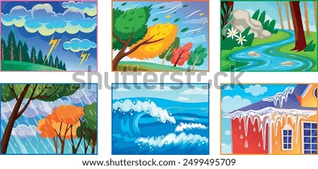 The picture illustrates different weather conditions. There are thunderstorms, strong winds blowing through trees, a flowing river, heavy rain with falling leaves, ocean waves, and icicles hanging fro