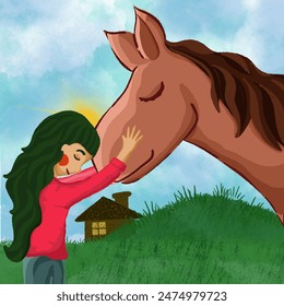 A picture illustration of a green haired girl in her pink t-shirt with her brown horse. Both have grown together and are bestfriends. 