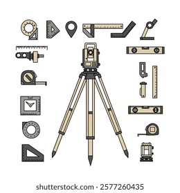 A Picture Illustration of a Tripod With a Lot of Different Construction Tools.
