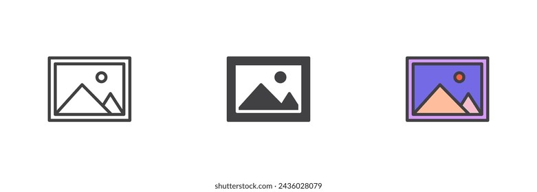 Picture, image different style icon set. Line, glyph and filled outline colorful version, outline and filled vector sign. Symbol, logo illustration. Vector graphics
