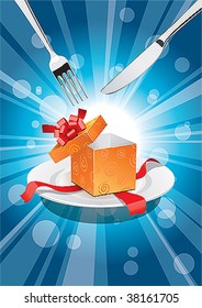 Picture with the image of a plate, a knife, a plug and a gift