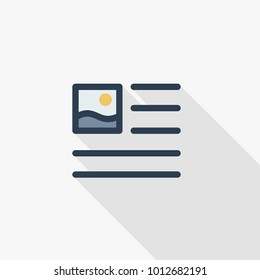 picture, image and text content, newspaper article thin line flat color icon. Linear vector illustration. Pictogram isolated on white background. Colorful long shadow design.