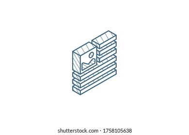 picture, image and text content, newspaper article isometric icon. 3d vector illustration. Isolated line art technical drawing. Editable stroke