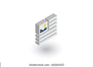 picture, image and text content, newspaper article isometric flat icon. 3d vector colorful illustration. Pictogram isolated on white background