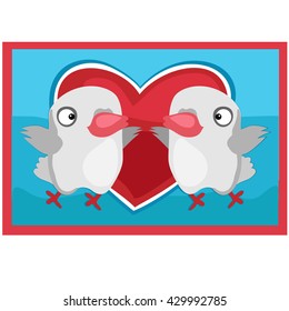 The picture with the image of two birds with red heart. Vector illustration.