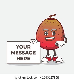 A picture of Indian Fig cartoon mascot character holding a board sign message