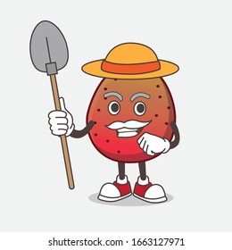 A picture of Indian Fig cartoon mascot character with hat and farmer tools