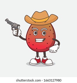A picture of Indian Fig cartoon mascot character holding guns