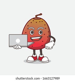 A picture of Indian Fig cartoon mascot character working with laptop