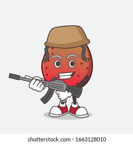 A picture of Indian Fig cartoon mascot character in an Army uniform with machine gun