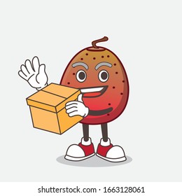 A picture of Indian Fig cartoon mascot character holding a box