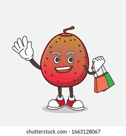 A picture of Indian Fig cartoon mascot character waving and holding Shopping bag