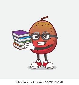 A picture of Indian Fig cartoon mascot character studying with some books