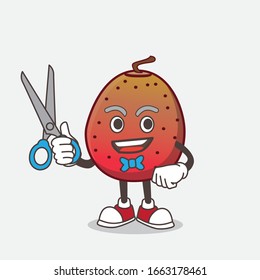 A picture of Indian Fig cartoon mascot character as smiling barber with scissors on hand