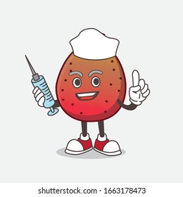 A picture of Indian Fig cartoon mascot character as nurse with medical syringe