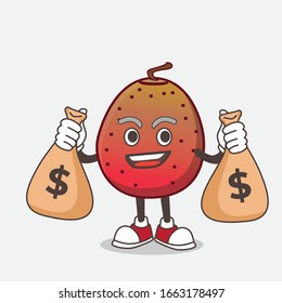 A picture of Indian Fig cartoon mascot character holding money bags