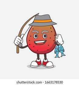 A picture of Indian Fig cartoon mascot character fishing with 2 fishes