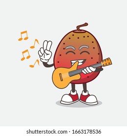 A picture of Indian Fig cartoon mascot character playing a guitar