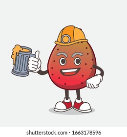 A picture of Indian Fig cartoon mascot character holding a glass of beer