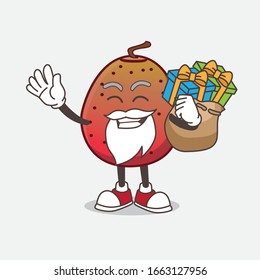 A picture of Indian Fig cartoon santa mascot character having a sack of gifts