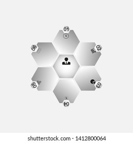 In the picture, an infographic of six hexagons, an infographics gray gradient with numbers and icons. Infographics for business, project, presentation.