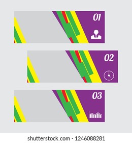 In the picture infographic for three positions in which you can write text. Infographics in violet, green, yellow, red colors. Infographics for business, presentation, project.