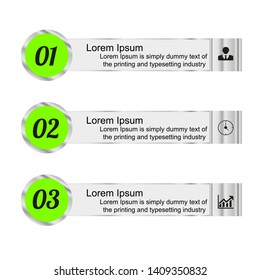 In the picture infographics circles and rectangles in 3 steps with numbers, icons, text of the light green color. Infographics for business, project, presentation.