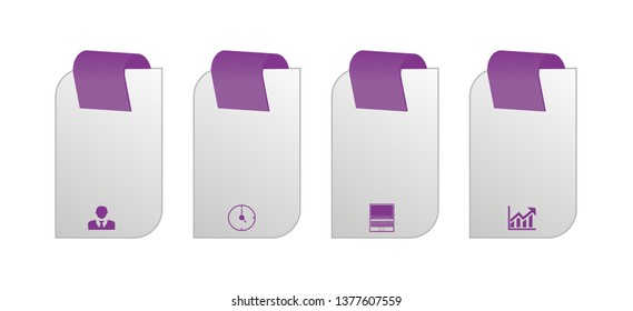 In the picture infographics in the form of gray labels, infographics for text, labels. Infographics with purple icons on 4 positions. Infographics for presentation, project, business.