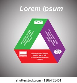 
In the picture infographics in the form of triangles with icons, with text, three colors violet, red green text is changed. Infographics for text, infographics for a site, presentations, business pro