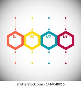 In the picture infographics with four hexagons in four steps with icons and numbers, to insert text. Infographics for business, project, presentation.