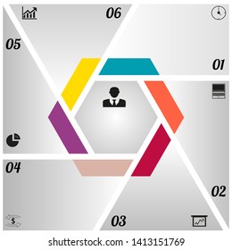 In the picture infographics inside the hexagon and triangles, infographics with icons and numbers, colored elements on the triangles. Infographics for business, project, presentation.