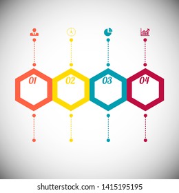 In the picture, the infographics is multicolored with four hexagons and lines. Four-step infographics with icons and a place for text. Infographics for a site, a project, a presentation.