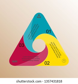 In the picture infographics on 3 positions in the form of a triangle with numbers, icons, with an example of design with text, turquoise color of various shades. Infographics for business, project, pr