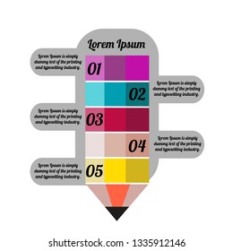In the picture infographics. Picture of a pencil, colorful, vivid. A circle of pencil is a place for texas, on five positions.