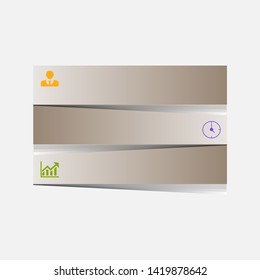 In the picture infographics rectangles with shadow in three steps. Infographics consists of three parts of the icons of different colors. Infographics for business, project, presentation.