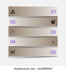 In the picture infographics rectangles with shadow in three steps. Infographics consists of five parts of the icons and numbers. Infographics for business, project, presentation.