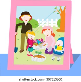 A picture inside a frame. A family is planting a tree.