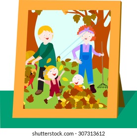 A picture inside a frame. A family is raking leaves.
