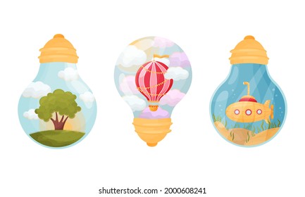 Picture Inside Glass Light Bulb as Creative Souvenir Vector Set