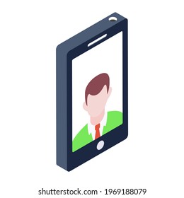 Picture inside smartphone, isometric icon of phone user