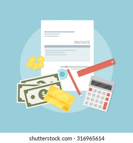 picture of invoice sheet, pen, calculator, ruler, coins, banknotes and credit card, flat style illustration, invoice payment concept